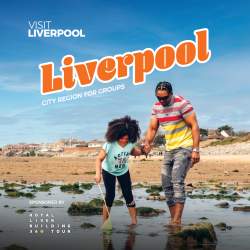 Front cover of Liverpool City Region Groups Guide showing a father and son playing on the beach.