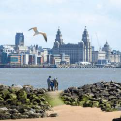 A seagull flies across a shot that's taken from the beach in Wirral and looks over to the Liverpool skyline