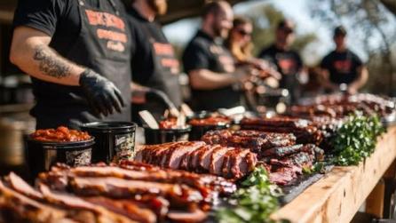 A table filled with barbecued meats at the National BBQ Festival in Nassau County