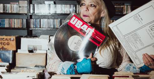 woman in a record shop