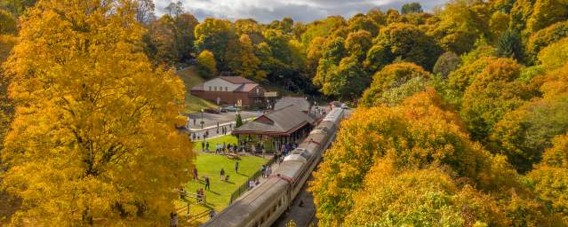 An aerial view of a train docked at a small depot station surrounded by trees full of yellow fall leaves.