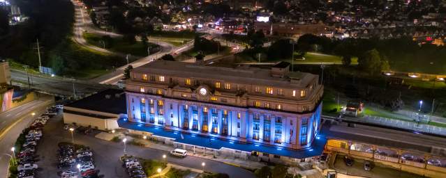 Downtown Scranton Night 01 Access Aerial LCVB