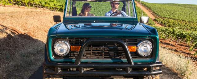 Couple driving through Repris vineyard in a vintage green Ford Bronco