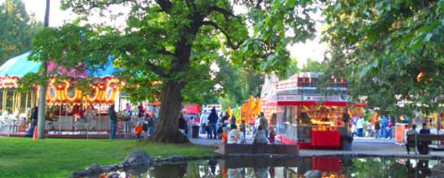 food vendor booths and carnival rides near a pond