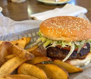 burger and fries from Roy's BBQ
