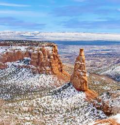 Scenic view of Colorado National Monument with light dusting of snow