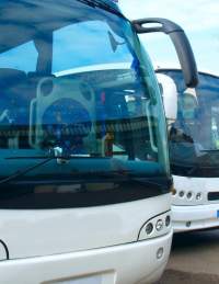 Two white coaches parked next to each other in a car park