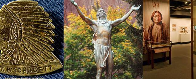 Depictions of Native Americans on a coin, as a statue, and in an image in a museum
