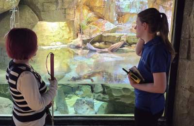 Sassy and Kate are standing in front of  the iguana enclosure