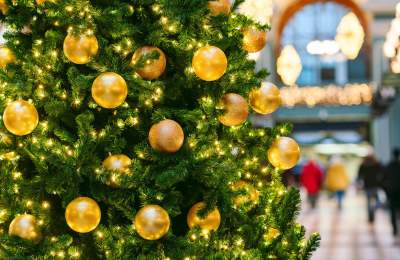 A closeup photograph of a Christmas tree with the shops of the Great Western Arcade in the background