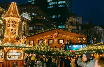 The bright lights of the Christmas market light up the night in Birmingham