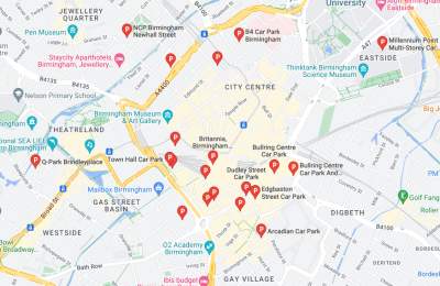 Google maps showing car parks in Birmingham