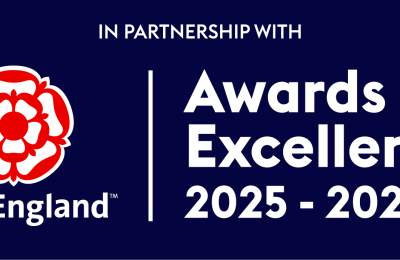 VisitEngland awards for excellence, working in partnership logo on a blue background, white writing and red rose logo