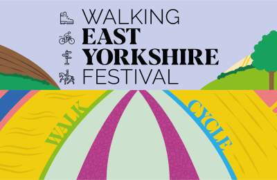 The Walking East Yorkshire Festival branding strip with logo and hockney inspired illustration.