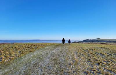People walking on a frosty path at Harting Down in West Sussex