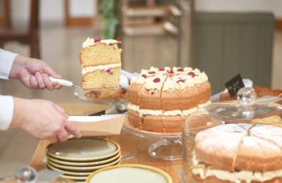 cakes and plates in a cafe
