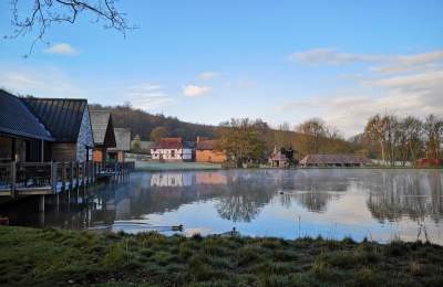 the cafe at Weald & Downland Museum overlooking the mill pond in winter