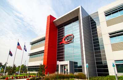QTS Data Center in Sterling, Virginia features contemporary architecture with striking red design elements.