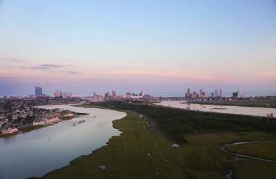 City-Bay Sunset Aerial