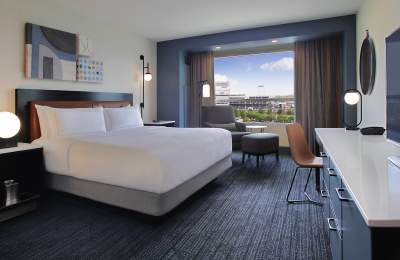 A hotel room in Hilton Omaha.