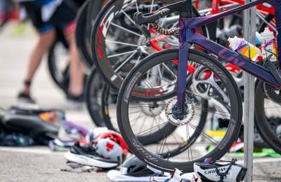 Bicycles parked ready to be used in triathlon race.