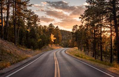 scenic road curving through the hills with sunset sky in the black hills of south dakota