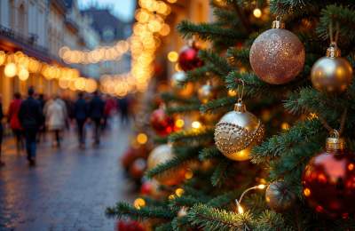 A close up of a Christmas tree and a Christmas market in the background
