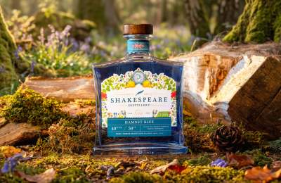 A bottle of Hamnet Blue Gin from the Shakespeare Distillery nestled on the floor of a flowery and mossy woodland