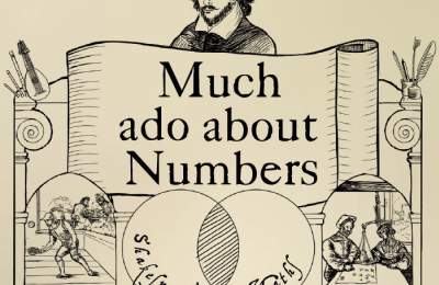 A poster advertising a Much Ado About Numbers event with a drawing of William Shakespeare