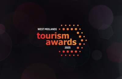 Black background with orange and white logo for the west midlands tourism awards 2025