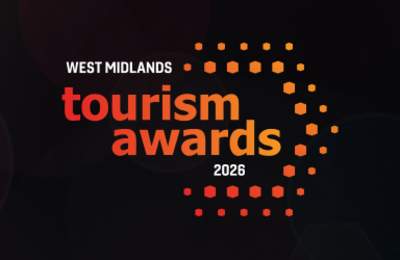 Orange and white logo on a black textured background for the West Midlands Tourism Award 2026.