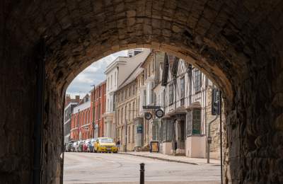 View of Warwick town, from under a walk way