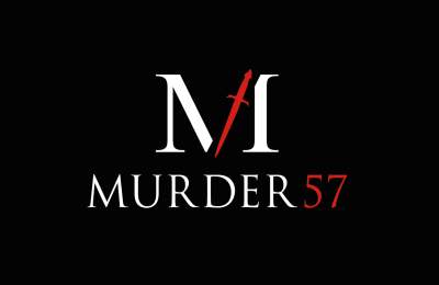 A black background. In the centre is a letter M in upper case in white and red, the central right part of the M is depicted by a red sword. Beneath the letter M in upper case is the phrase MURDER 57 with Murder in White and 57 in red font.