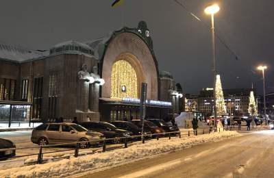 Outside of a building in Helsinki during winter.