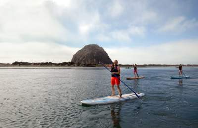 Paddleboarders on calm water with Morro Rock in background