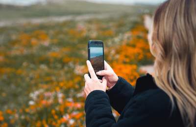 girl taking photos of the wildflowers in SLO CAL