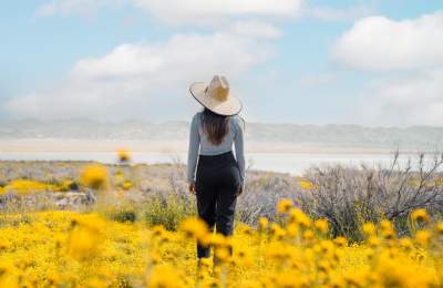 Girl in a hat looking at Soda Lake on the Carrizo Plains with wildflowers in the foreground