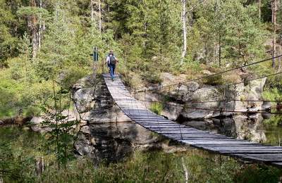 Mennesker på tur over hengebro