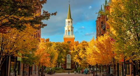 Church Street in the Fall with foliage alongside the buildings