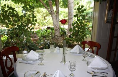 Our dining room overlooks a beautiful garden area.
