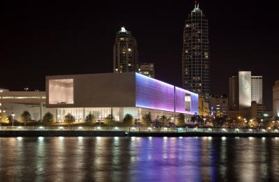 Tampa Museum of Art building exterior illuminated by Leo Villareal's 