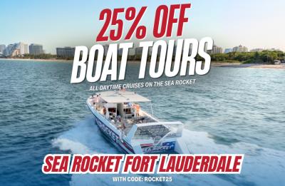 Use code ROCKET25 for 25% off speed boat and Venice of America cruises in Fort Lauderdale