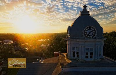 An aerial view of the Pasco County Historic Courthouse and Downtown Dade City