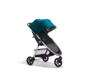 An image of a baby jogger stroller. The stroller is black and has a teal cover.
