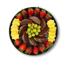 An image of Edible Arrangements- Chocolate Dipped Indulgence Platter with grapes, chocolate dipped strawberries and apples, and pineapple in the shape of flowers.