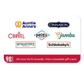 An image of a GoToFoods Gift Card featuring its brands, including Auntie Annie's, Cinnabon, Carvel, Moe's, Jamba Juice, McCallister's Deli, and Schlotzsky's.