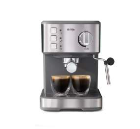 An image of a  Mr. Coffee® Compact Espresso Maker. The machine is silver and has two small cups of espresso in it.