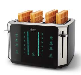 An image of an Oster® 4-Slice Touchscreen Toaster. The toaster is black and has 4 pastries in each slot.