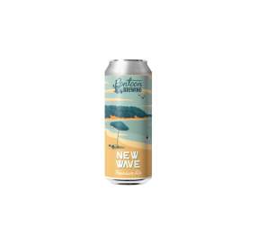 An image of the can for Pontoon Brewing's New Wave premium ale. The can features an illustration of a beach with a green umbrella.