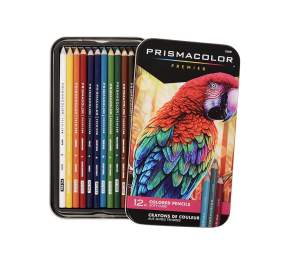 An image of a Prismacolor®- Premier Soft Core Colored Pencil Set. The cover of the package features a Macaw, and the inside has a set of colored pencils in a variety of colors